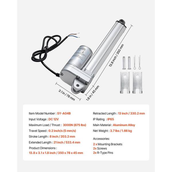 VEVOR 12V Linear Actuator, 8 In. IP65 Waterproof Linear Actuator, 675lb./3000N 0.2in./s Motion Actuators with Mounting Bracket
