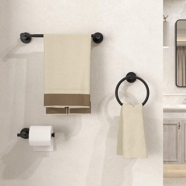 Sylanor NestPro 3-Piece Bath Hardware Set with Adjustable Towel Bar/Rack, Toilet Paper Holder, Towel Ring in Matte Black