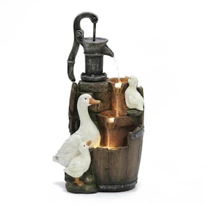 Farmhouse Pump and Duck Family Outdoor Polyresin Cascade Fountain with LED Lights