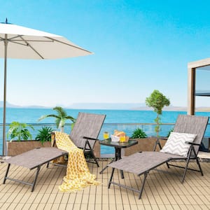 2-Piece Foldable Metal Outdoor Lounge Chair with 2-Position Footrest in Gray