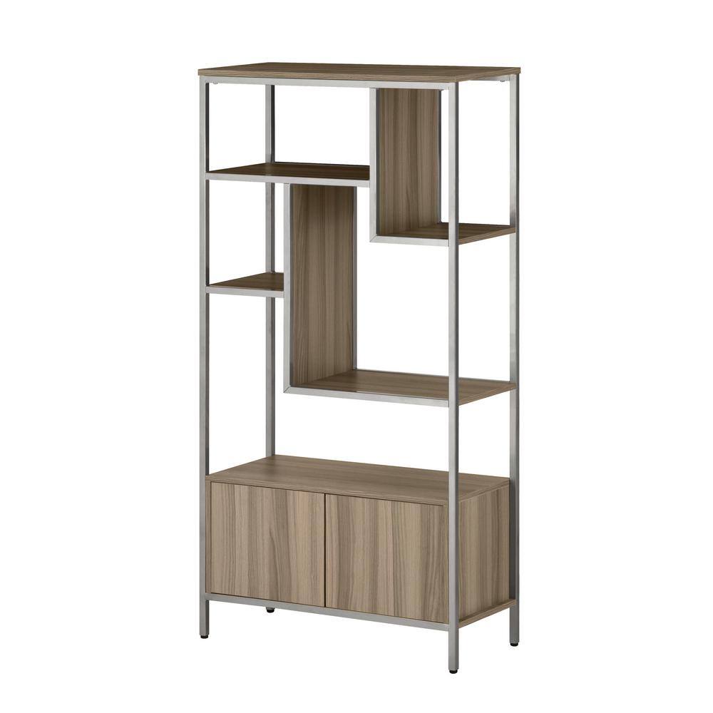 Oak and Silver Adjustable Bookcase with Doors