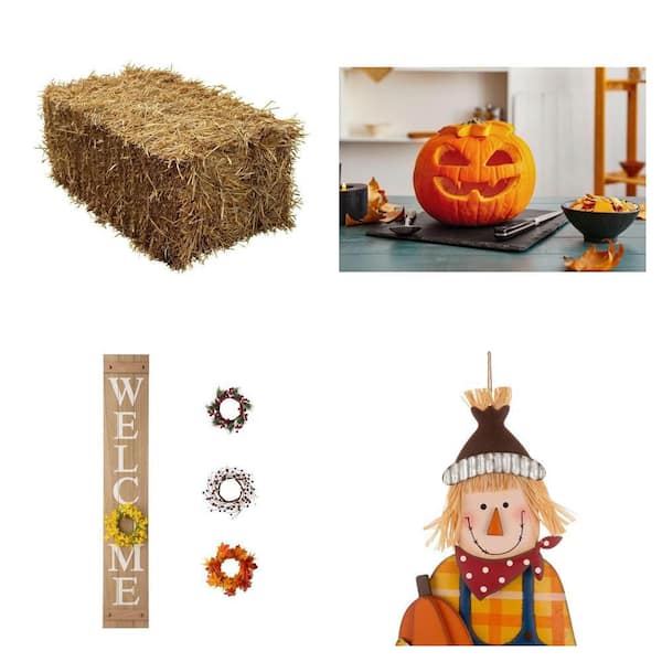 Straw Bale, Pumpkin, 60 in. Welcome Sign with 4 Wreathes and 36 in. Scarecrow Sign Combo