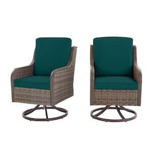 Windsor Brown Wicker Outdoor Patio Swivel Dining Chair with CushionGuard Malachite Green Cushions (2-Pack)
