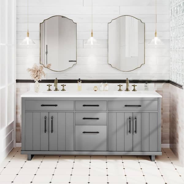 72 in. Gray Wood Double Sink Freestanding Bathroom Vanity with White Marble Top (Assembled)