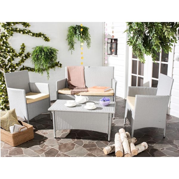 SAFAVIEH Mojavi Gray 4-Piece Wicker Patio Conversation Set with Beige Cushions