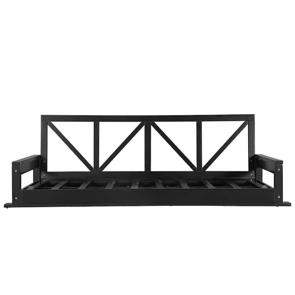 FIROMO Twin Size Swing Bed 2-Person Black Acacia Wood Porch Swing Hanging Bed Frame with Ropes and Safe Sloped Design