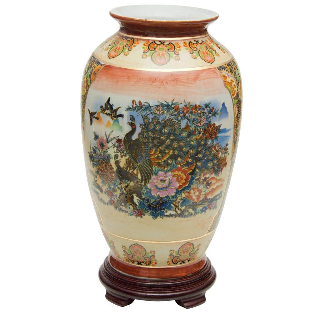 14" Multicolor Satsuma Peacock Porcelain Vase