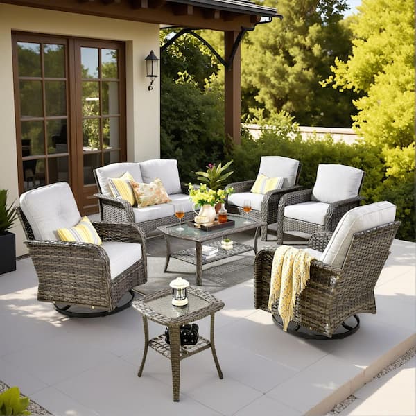Denali Gray 7-Piece Modern Wicker Patio Conversation Sofa Seating Swivel Rocking Chairs Set with Light Gray Cushions