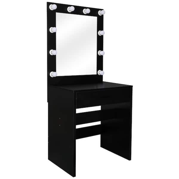 Outo Black Rectangular Mirror Warm, Black Vanity With Hollywood Lights