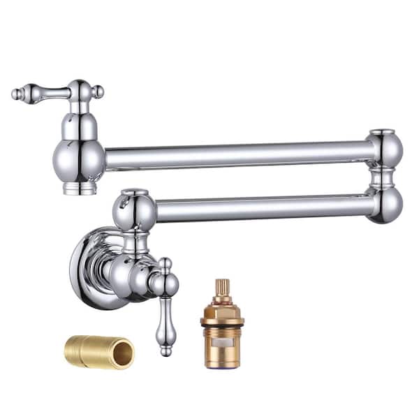IVIGA Brass Wall Mount Pot Filler with 2-Aerators and Brass Valve, Double Handle Single Hole Kitchen Faucet in Polished Chrome