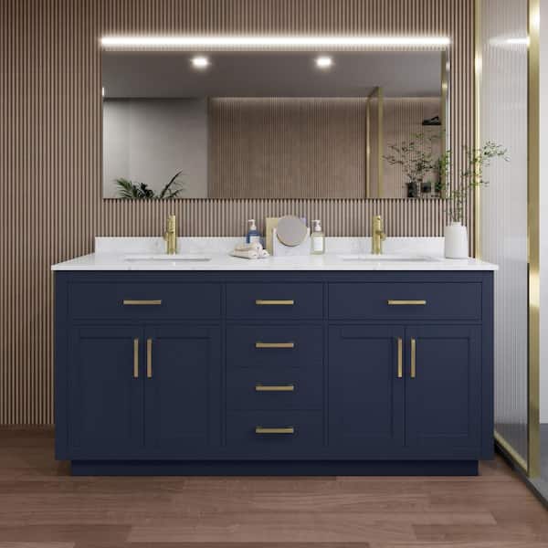 Wyndham Collection Beckett TK 72 in. W x 22 in. D x 35 in. H Double Bath Vanity in Dark Blue with Carrara Cultured Marble Top