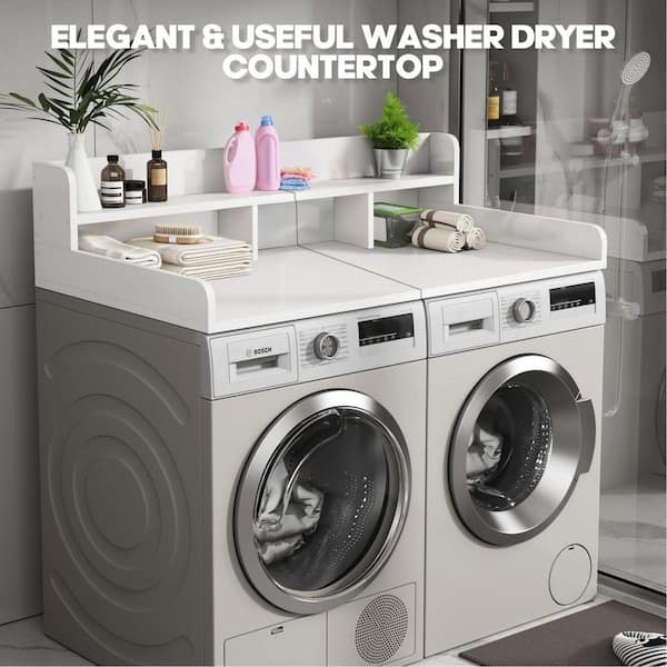 2-Layer Washer Dryer Countertop with Non-Slip Pads and Edge, Laundry Wood Shelf Topper Storage Organizer in White