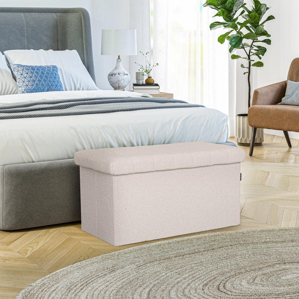 30" White Boucle Upholstered Storage Ottoman Bench