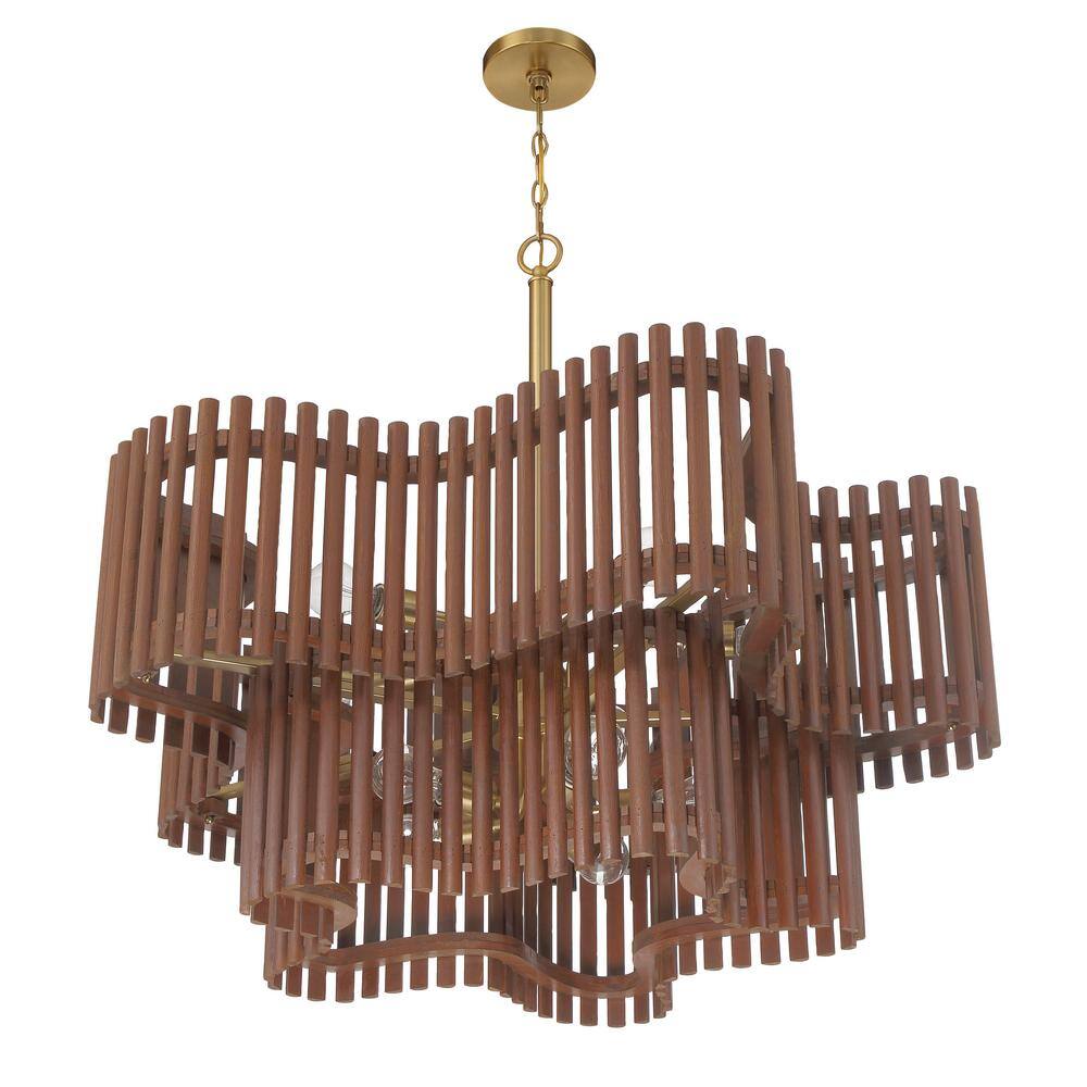 Satin Brass and Walnut 10-Light Wooden Chandelier