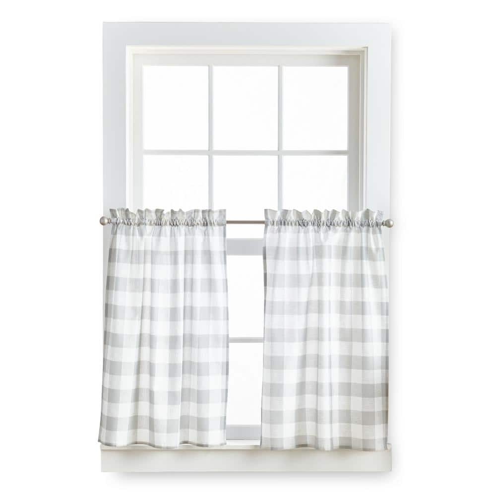 Gray and White Buffalo Check Polyester Cotton Valance and Tier Set