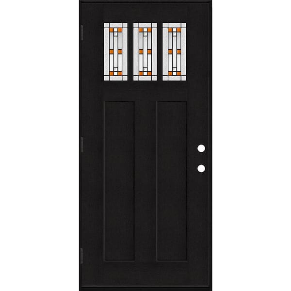 Steves & Sons Regency 36 in. x 80 in. 3-Lite Amber Ton Decor Glass RHOS Onyx Stain Fir Grain Fiberglass Prehung Front Door