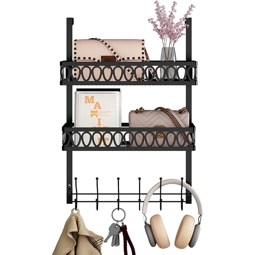 6 Door Hooks, Towel Rack Hooks, Bathroom Storage Rack with 2 Baskets in Bla