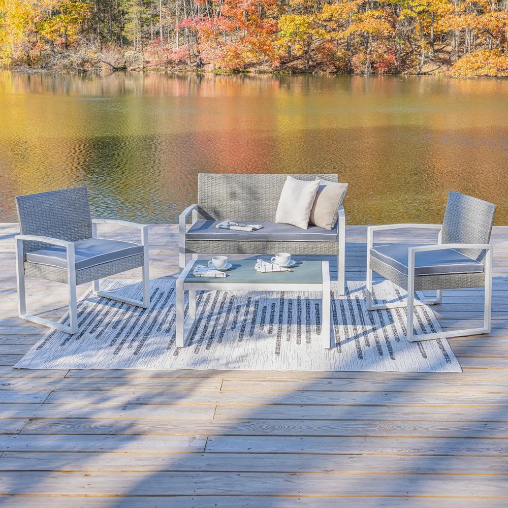 Elina Gray and White Faux Wicker 4-Piece Patio Conversation Set