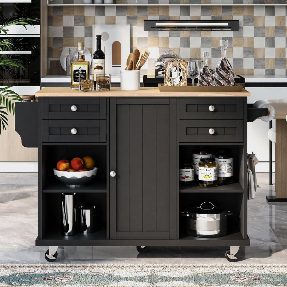 tunuo Black Rolling Kitchen Island Cart with Rubber Wood Top and