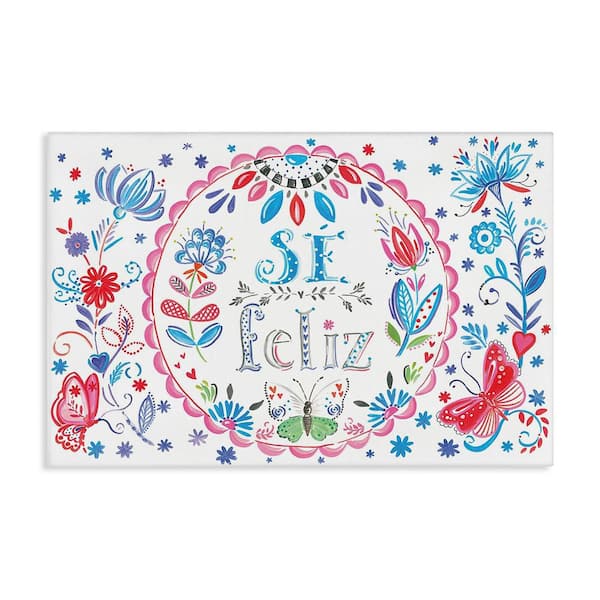 Stupell Industries Be Happy Floral Butterflies by SD Graphics Studio Gallery Wrapped Unframed Typography Graphic Art Print 16 in. x 24 in.