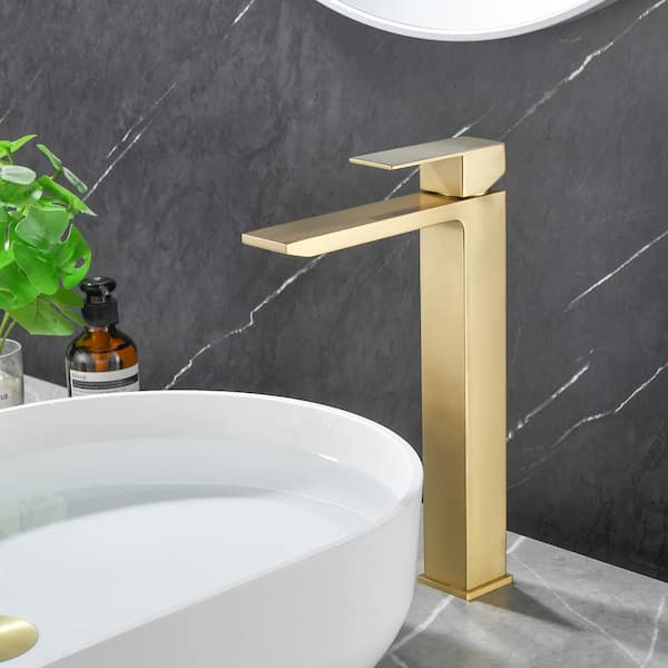 Single Handle Vessel Sink Faucet with Pop-Up Drain, Tall Single Hole Bathroom Faucet in Brushed Gold