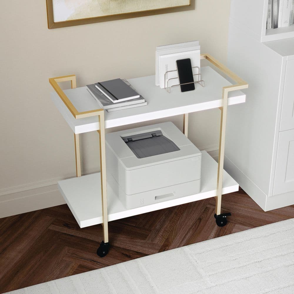 White and Brass 2-Tier Mobile Office Printer Cart