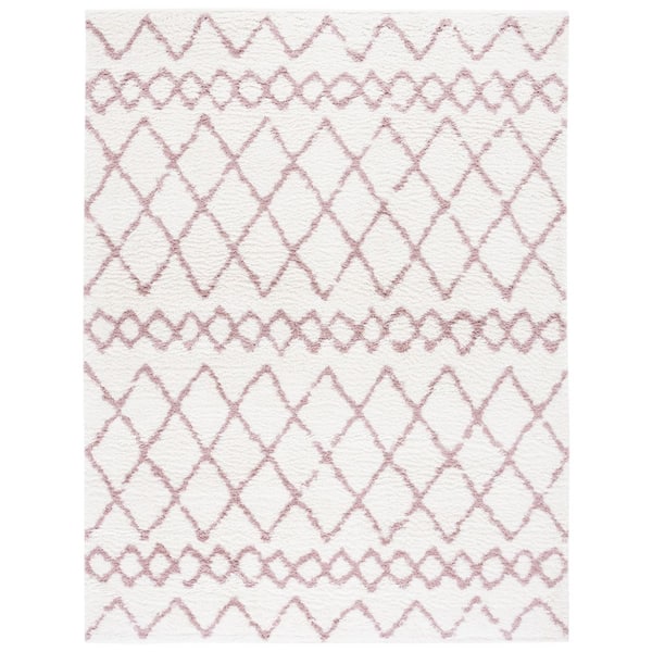 Berber Shag 9 ft. x 12 ft. Ivory/Light Rose Ikat Diamonds Area Rug