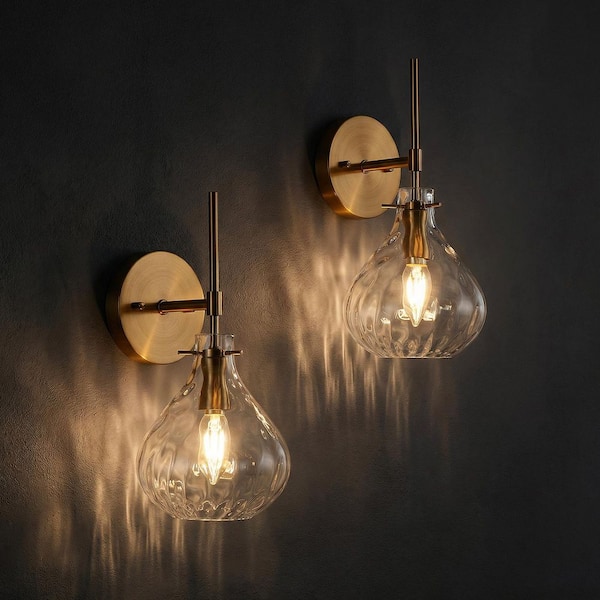 4.72 in. 1-Light Vintage Brushed Gold Wall Sconce Modern Wall Light with Glass Shades for Bedroom, Bathroom (2-pack)