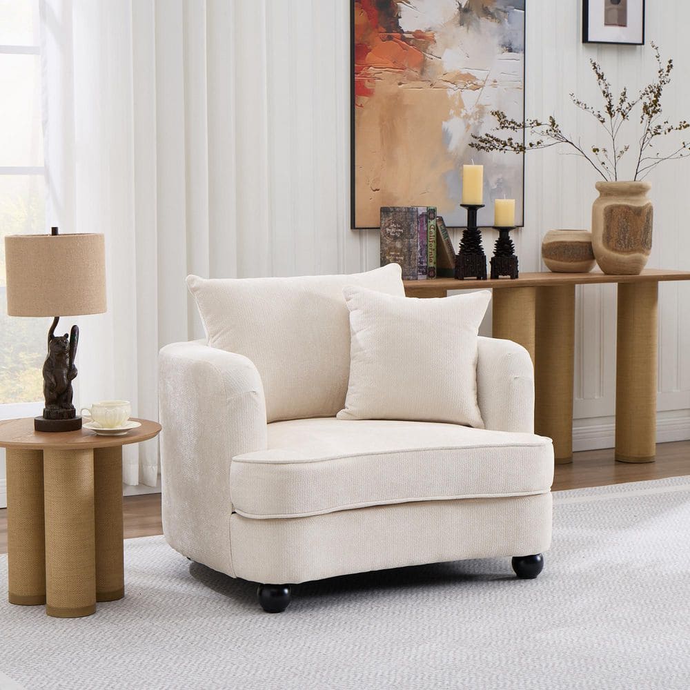 Denton Modern Beige Chenille Upholstered Accent Arm Chair with Pillow, Round Solid Wood Legs
