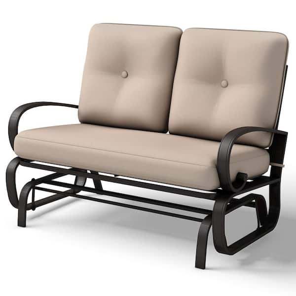 2-Person Metal Outdoor Bench Patio Loveseat Steel Frame Furniture Rocking Bench with Beige Cushions