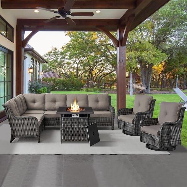 Opohoro Gray 4-Piece Wicker Patio Fire Pit Set, Outdoor Sectional Seating Set with Olefin Gray Cushions and Swivel Rockers