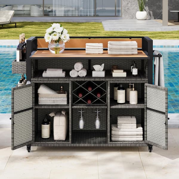 Cesicia Farmhouse Gray Wood 53 in. Rolling Kitchen Island with Storage Cabinet Wicker Patio Grill Cart with Extended Table Top