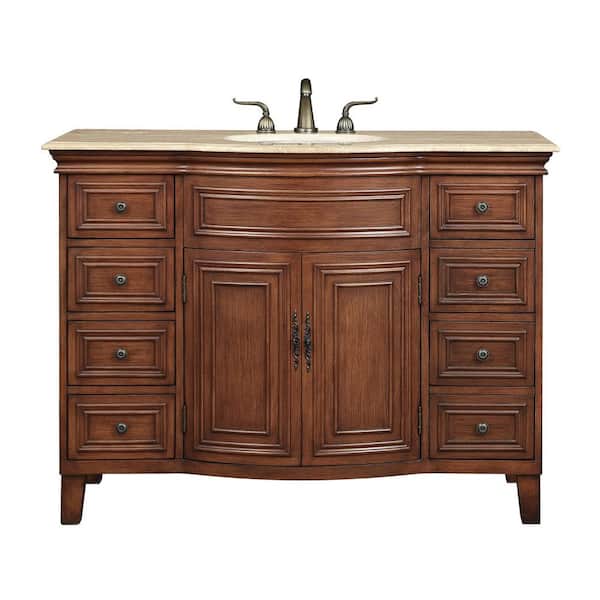 stufurhome Lane 48 in. W x 22 in. D x 36 in. H Single Sink Bathroom Vanity in Dark Cherry with Travertine Marble Top