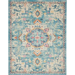 Nourison Passion Ivory/Light Blue 9 ft. x 12 ft. Persian Modern Transitional Bed Room, Living Room, Dining Room Area Rug