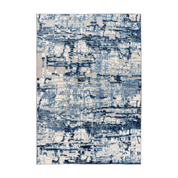World Rug Gallery Navy 5 ft. x 7 ft. Contemporary Distressed Abstract Indoor/Outdoor Area Rug