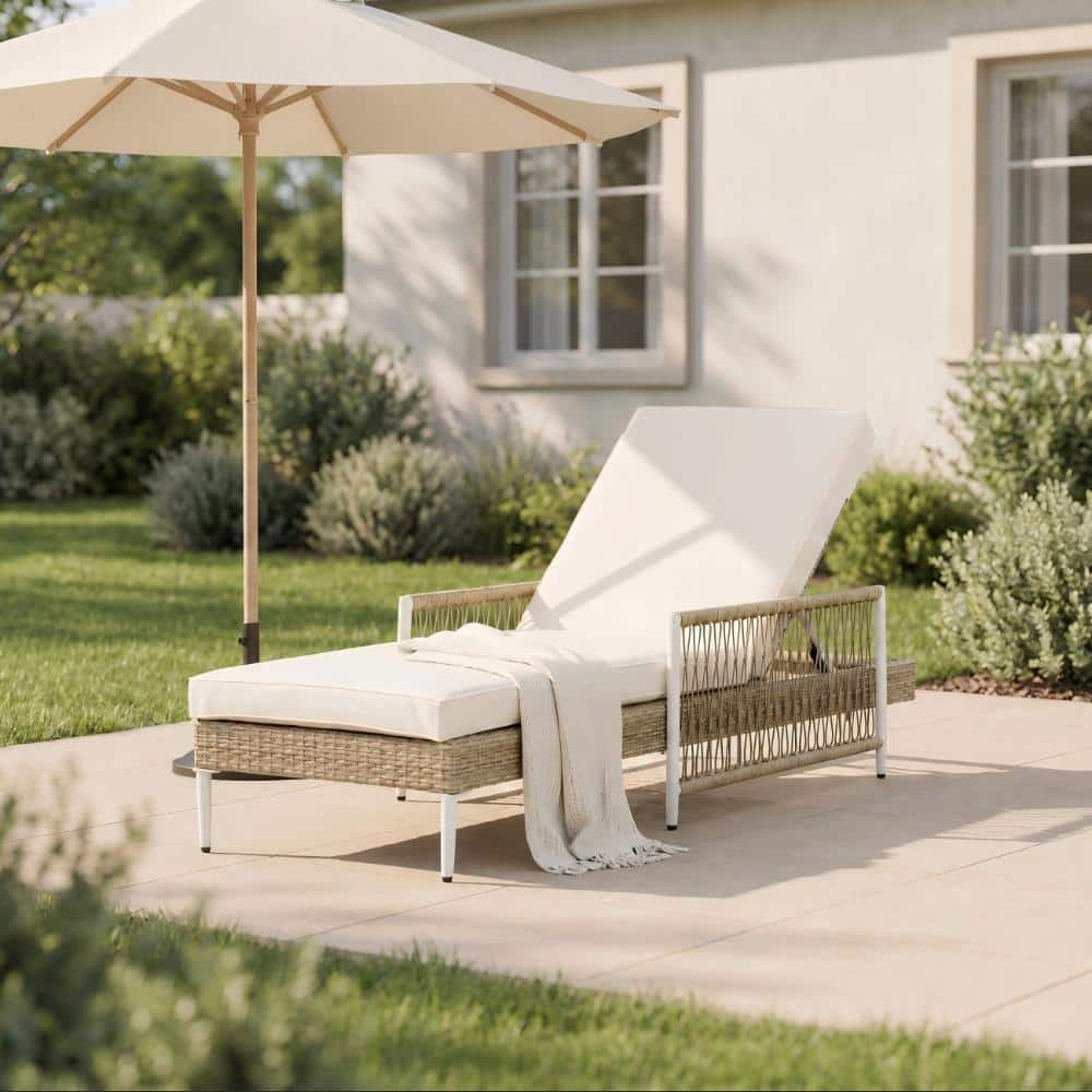 Wicker Outdoor Lounge Chair With White Cushion and 6 Gear Adjustable Recliner,PE Rattan Chaise Lounge Beige