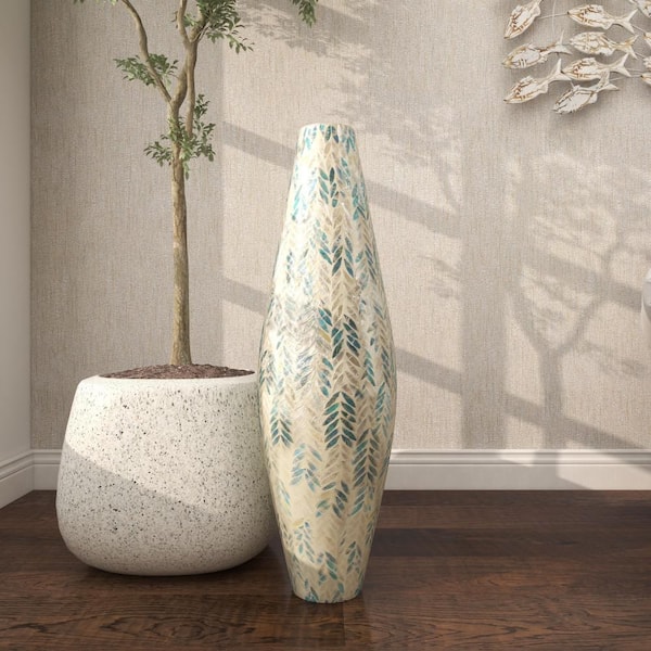Litton Lane 33 in. White Handmade Tall Mosaic Mother of Pearl Shell Decorative Vase with Blue Accents