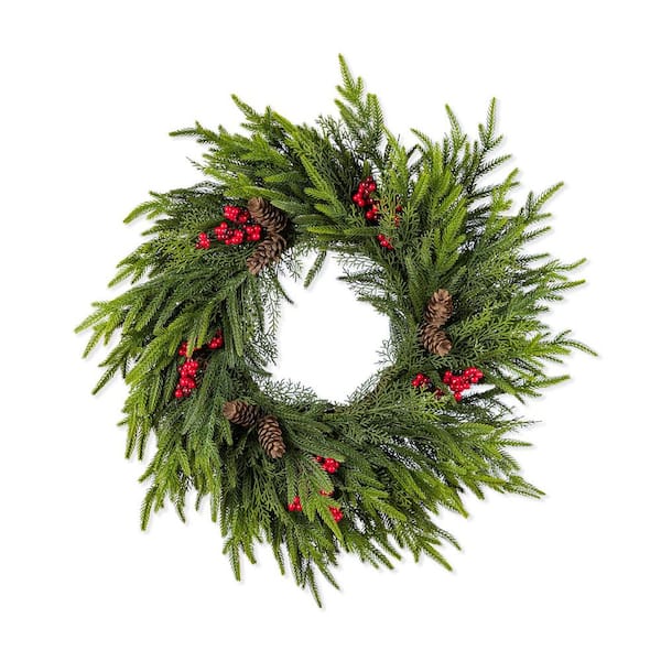 24 in. D PE Dripping Artificial Christmas PreLit Wreath with Pinecones and Red Berries