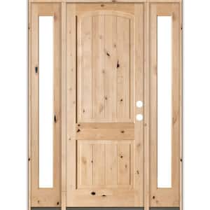 70 in. x 96 in. Rustic Knotty Alder Arch V-Groove Unfinished Left-Hand Inswing Prehung Front Door with Full Sidelites