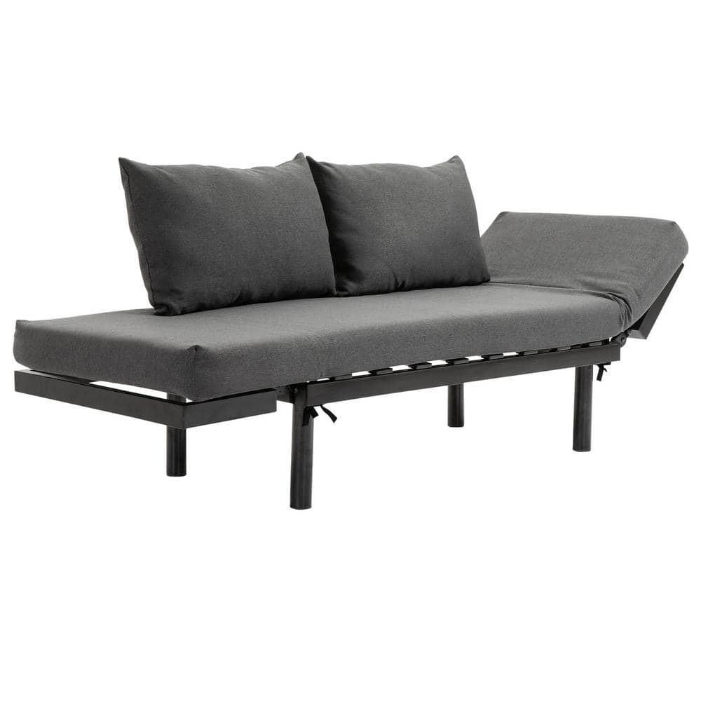 Black 1-Piece Solid Wood Outdoor Couch Sofa Bed Chaise Longue with Linen Ch