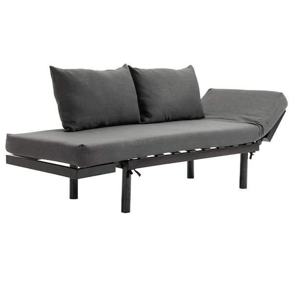 ANGELES HOME Black 1-Piece Solid Wood Outdoor Couch Sofa Bed Chaise Longue with Linen Charcoal Grey Cushion and Pillow, 3 Positions