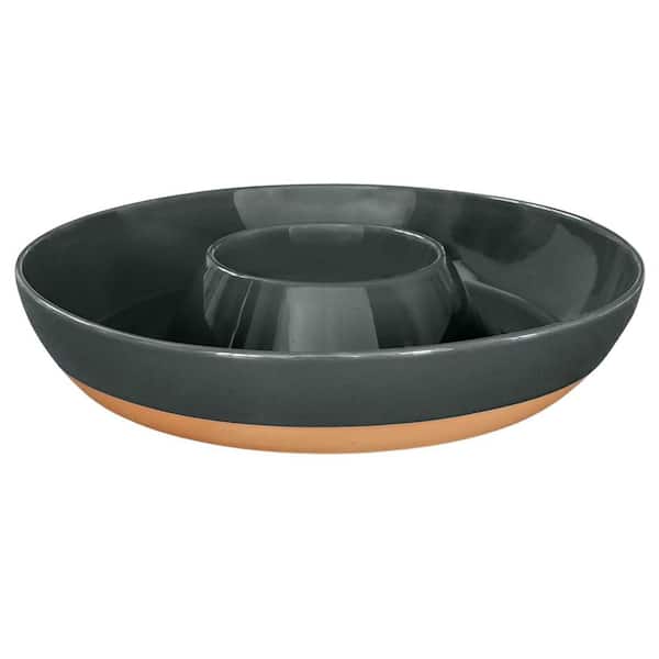 4.21 in. Black Ceramic Round Chips and Dip Servers Tray Large Divided Party Bowl Set for Chips, Salsa, Veggies and Dip