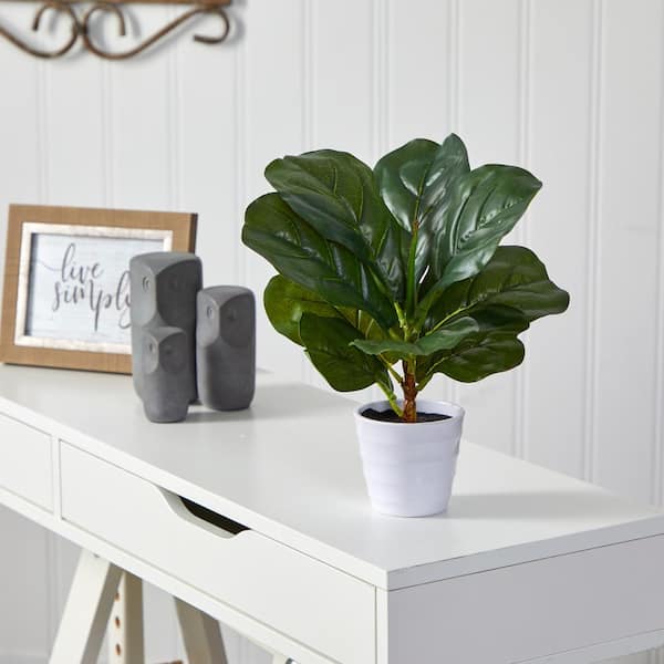 Nearly Natural 11 in. Artificial Fiddle Leaf Plant in White Planter (Real Touch)