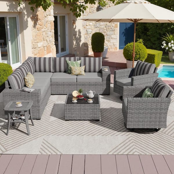 OVIOS Bissty Gray 9-Piece Wicker Wide Arm Patio Conversation Set with Striped Gray Cushions and Swivel Rocking Chairs