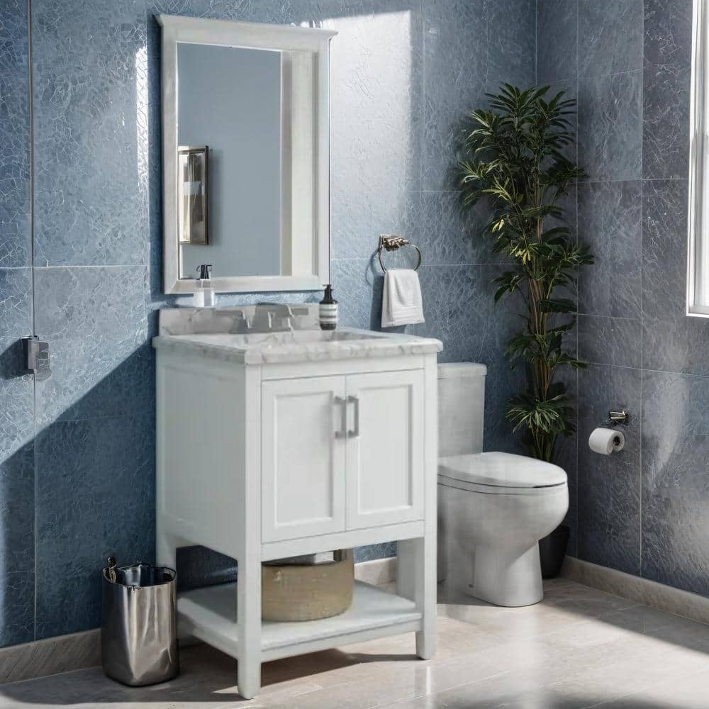 White Pine and Carrara Marble Single Sink Bathroom Vanity
