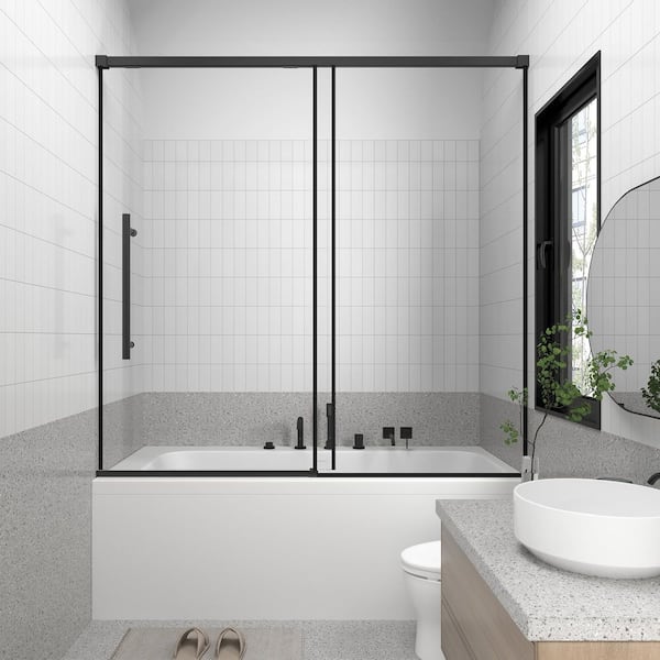 56-60 in. W x 58 in. H Semi-Frameless Sliding Tub Door in Matte Black with Clear Tempered Glass