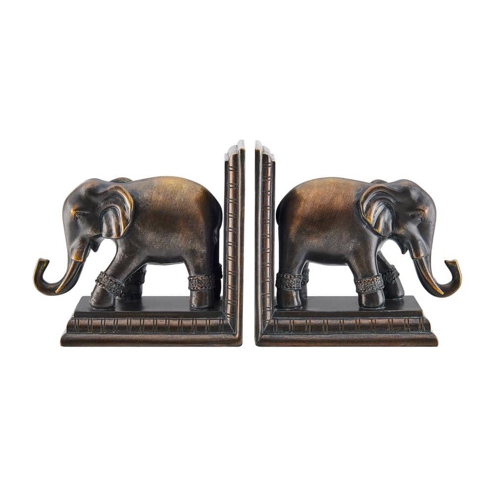 Bronze Patina Elephant Bookends Set with Ornate Design