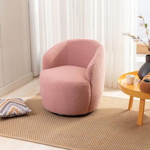 Light Pink Teddy Fabric Swivel Accent Armchair with Black Powder Coating Metal Ring