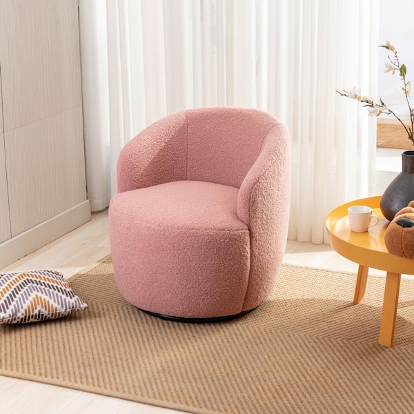 Light Pink Teddy Fabric Swivel Accent Armchair with Black Powder