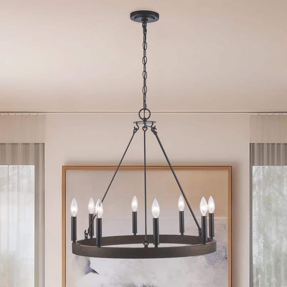 Monteaux Lighting 8-Light Black and Faux Wood Wagon Wheel